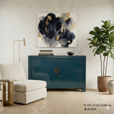 Imperial Peacock Blue Lacquer Cabinet with Brass Cloud Medallions