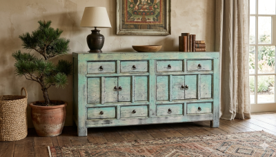 ตู้มรดกซานซี: ความงามบทใหม่ในสี Teal แบบ distressed