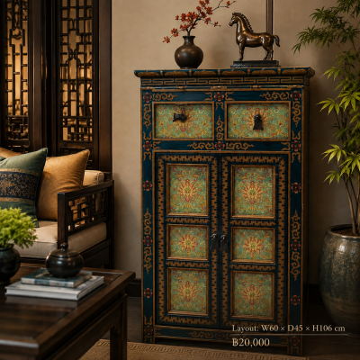 Elegant Teal Cabinet with Classical Chinese Floral Panels