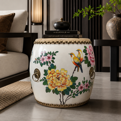 Elegant Ceramic Tibet Drum with Floral Birds