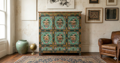 ตู้ไม้สีเขียวมรกตลายสวนบัว