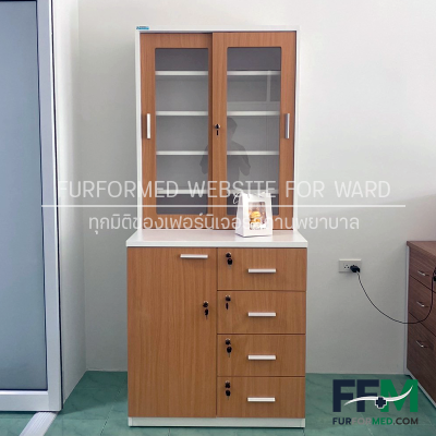 ตู้จัดยา บานเลื่อนกระจก ลิ้นชักจัดหมวดหมู่ยา พร้อมตู้สต๊อกยา