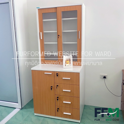 ตู้จัดยา บานเลื่อนกระจก ลิ้นชักจัดหมวดหมู่ยา พร้อมตู้สต๊อกยา