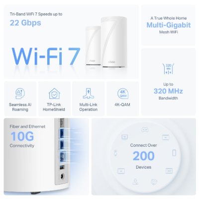 TP-LINK DECO BE85 BE22000 Whole-Home Mesh Dual Band WiFi 7 PACK 1