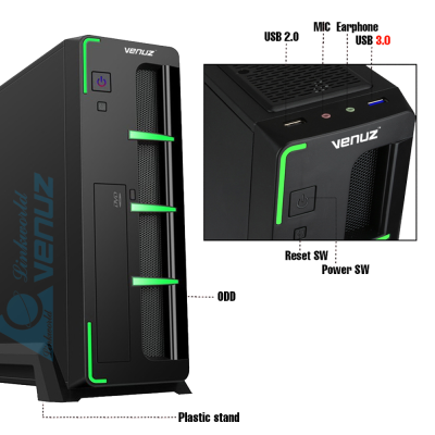 CASE VENUZ SLIM MICRO-ATX 103B BLACK/GREEN WITH PSU 200W