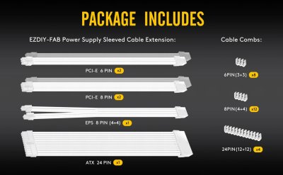 EZDIY-FAB (สายถัก) 16AWG PSU CABLE EXTENSION 6 CABLES - All WHITE