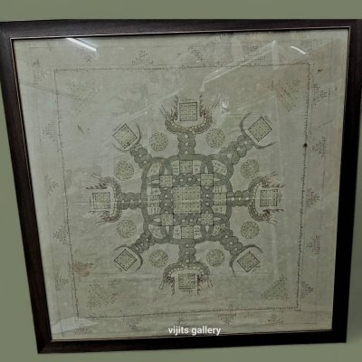 ผ้ายันต์ล้านนา ลายนาคเกี้ยว  ขนาดใหญ่  ขนาดรวมกรอบ 112*112 ซม.