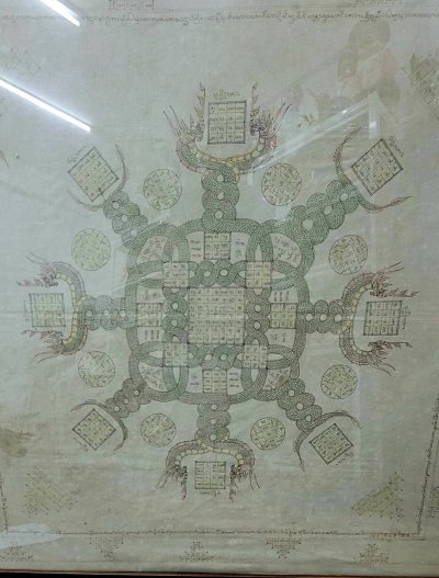 ผ้ายันต์ล้านนา ลายนาคเกี้ยว  ขนาดใหญ่  ขนาดรวมกรอบ 112*112 ซม.