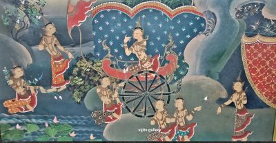 ภาพวาดสีอะคริลิคบนผ้า ลายไทย นั่งราชรถ   ขนาดรวมกรอบ 25x35 นิ้ว