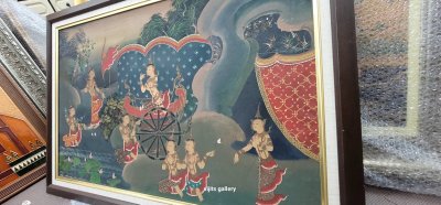 ภาพวาดสีอะคริลิคบนผ้า ลายไทย นั่งราชรถ   ขนาดรวมกรอบ 25x35 นิ้ว