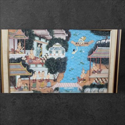 ภาพวาดสีอะคริลิคบนผ้า ลายไทย วิถีชาวบ้าน  ขนาดรวมกรอบ 26x37 นิ้ว