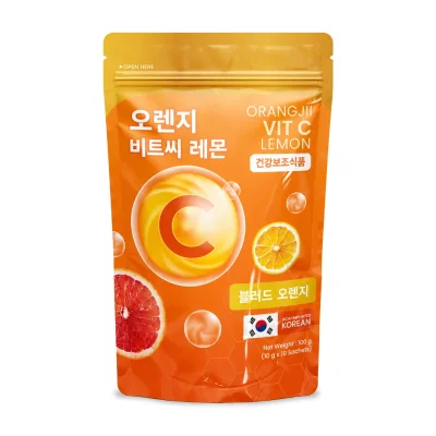วิตามินซีเกาหลี ORANGJII VIT C LEMON รสส้มเลมอน ซองสีส้ม ดีไซน์สดใส บนพื้นหลังขาวสไตล์คลีนมินิมอล