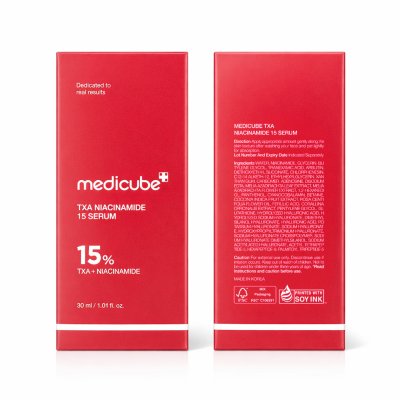 แพ็กเกจ Medicube TXA Niacinamide 15 Serum กล่องสีแดง แสดงข้อมูลผลิตภัณฑ์ ส่วนผสม และวิธีใช้จากประเทศเกาหลี ดีไซน์พรีเมียม