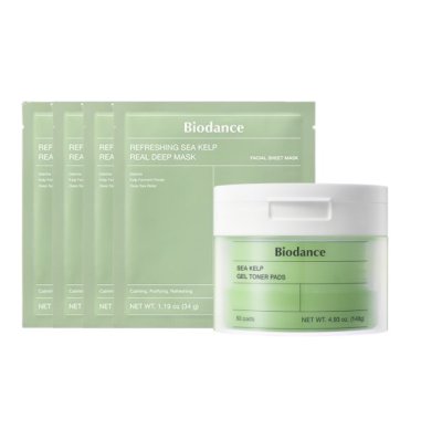 BIODANCE SEA  KELP GEL TONER  PADS สีเขียว + BIODANCE REFRESHING SEA KELP REAL DEEP MASK -กล่อง 4 แผ่น