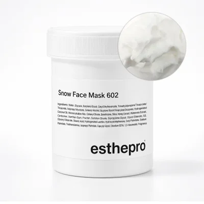 กระปุกมาส์กหน้า esthepro Snow Face Mask 602 สีขาว ฉลากขาวตัวอักษรดำ วางบนพื้นหลังสีขาว มีวงกลมแสดงเนื้อมาส์กสีขาวครีมมี่ด้านบนขวา เนื้อมาส์กแน่นนุ่มสไตล์คลินิกเกาหลี