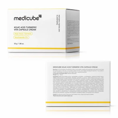 กล่องครีมแคปซูล medicube Kojic Acid Turmeric Vita Capsule Cream แสดงส่วนผสมและวิธีใช้"