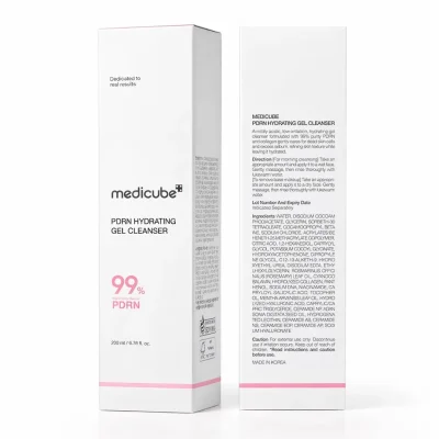 กล่องผลิตภัณฑ์ Medicube PDRN Hydrating Gel Cleanser ด้านหน้าและด้านหลัง เจลล้างหน้าสูตร PDRN 99% เพิ่มความชุ่มชื้น ขนาด 200 มล.