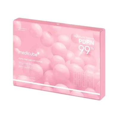 กล่องผลิตภัณฑ์ Medicube PDRN Pink One Day Serum สูตร Salmon PDRN 99% เซรั่มแอมพูลช่วยฟื้นบำรุงผิวและเพิ่มความชุ่มชื้น