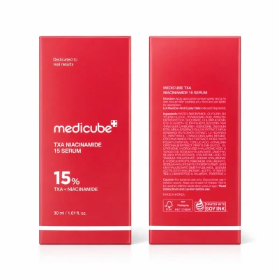 Medicube TXA Niacinamide 15 Serum packaging front and back 30ml brightening serum with tranexamic acid and niacinamide