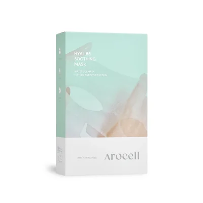 กล่องผลิตภัณฑ์ Arocell Hyal B5 Soothing Mask สีเขียวอ่อนและขาว บรรจุ 10 แผ่น มีข้อความ Water Gel Mask for Dry and Sensitive Skin