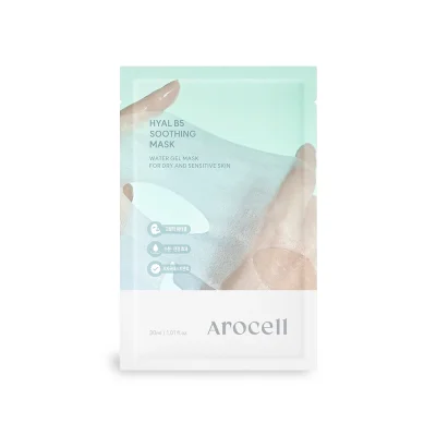 ซองผลิตภัณฑ์ Arocell Hyal B5 Soothing Mask สีเขียวอ่อนและขาว บรรจุ 10 แผ่น มีข้อความ Water Gel Mask for Dry and Sensitive Skin