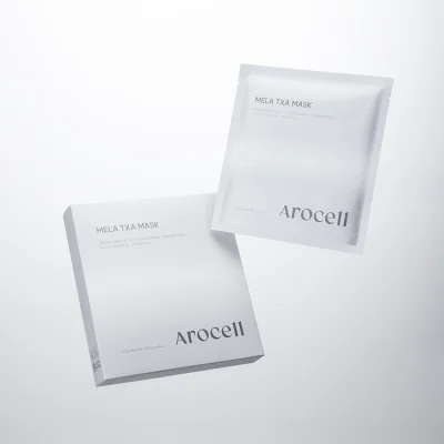 กล่องผลิตภัณฑ์และซองมาส์ก AROCELL MELA TXA MASK สำหรับลดฝ้า กระ จุดด่างดำ