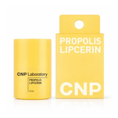 CNP Propolis Lipcerin 15ml ลิปบำรุงริมฝีปากจากโพรโพลิส พร้อมกล่องบรรจุภัณฑ์ พื้นหลังสีขาว