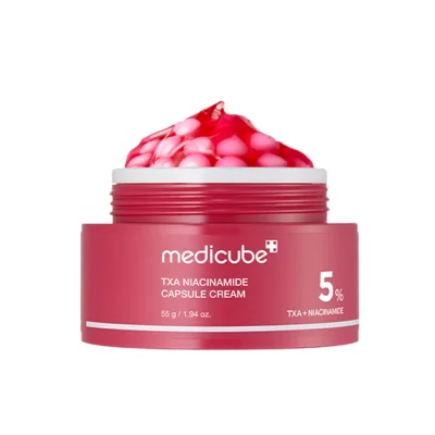 กระปุกครีม Medicube TXA Niacinamide Capsule Cream ขนาด 55g แสดงส่วนผสม 5% TXA + Niacinamide สำหรับลดฝ้า กระ