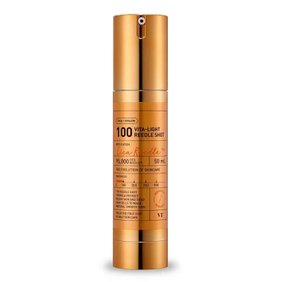 ขวดผลิตภัณฑ์ VT Vita-Light Reedle Shot 100 สีทอง ขนาด 50ml แสดงระดับ CICA REEDLE 95,000 ช็อต