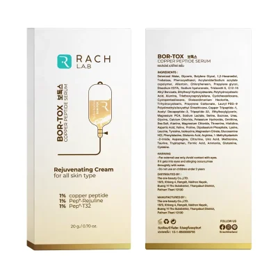 BOR-TOX Copper Peptide Serum กล่องผลิตภัณฑ์ด้านหน้าและด้านหลัง แสดงรายละเอียดส่วนผสมและข้อมูลสินค้า