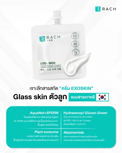 ส่วนผสมหลัก 4 ชนิดของครีม Rach EXO-SKIN "Glass skin ตัวลูก": AquaNet+SPDRN, Hydrasensyl Glucan Green, Plant exosome และ Niacinamide