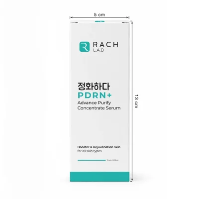 รายละเอียดขนาดกล่องผลิตภัณฑ์ RACH L.A.B PDRN+ Serum ขนาดกะทัดรัด พกพาสะดวก พร้อมดีไซน์เรียบหรูสไตล์คลินิกสกินแคร์