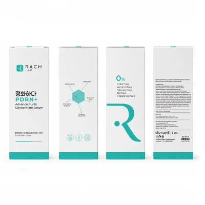 ภาพรายละเอียดบรรจุภัณฑ์ RACH L.A.B PDRN+ Advance Purify Concentrate Serum แสดงส่วนผสม จุดเด่นผลิตภัณฑ์ และข้อมูลสกินแคร์สำหรับทุกสภาพผิว