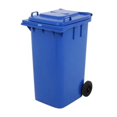 ถังขยะพลาสติก ทรงเหลี่ยม ฝายกเปิด-ปิด มีล้อ ขนาด 240 ลิตร สีน้ำเงิน
