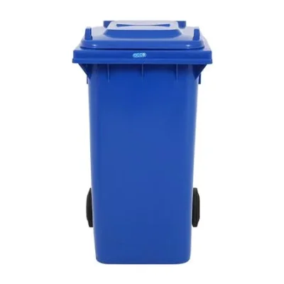 ถังขยะพลาสติก ทรงเหลี่ยม ฝายกเปิด-ปิด มีล้อ ขนาด 240 ลิตร สีน้ำเงิน