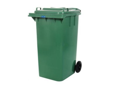 ถังขยะพลาสติก ทรงเหลี่ยม ฝายกเปิด-ปิด มีล้อ ขนาด 240 ลิตร สีเขียว