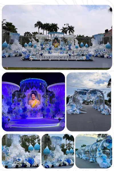 ซุ้มพิธีการงานกาชาดประจำปี 2568 ตกแต่งด้วยดอกไม้โทนสีฟ้าและขาว จัดวางอย่างสุภาพตามรูปแบบพิธีการกลางแจ้ง