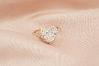 Heart Cut Diamond With Halo and Pave Band Solitaire Ring
