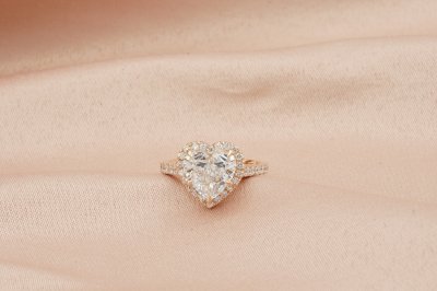 Heart Cut Diamond With Halo and Pave Band Solitaire Ring