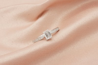 Emerald Cut Diamond With Pave Band Solitaire Ring