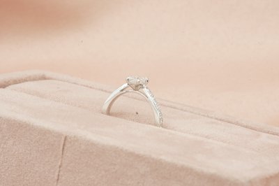 Emerald Cut Diamond With Pave Band Solitaire Ring
