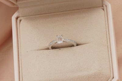 Emerald Cut Diamond With Pave Band Solitaire Ring