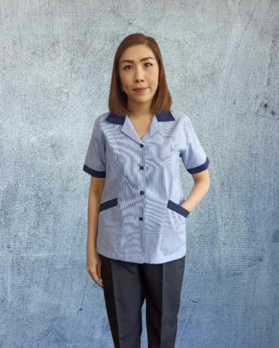เสื้อแม่บ้านคอฮาวาย ลายริ้วฟ้า ปกสีกรม