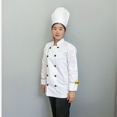 เสื้อกุ๊กสากล คอจีน แขนยาว สีขาวล้วนแต่งกุ๊นดำ