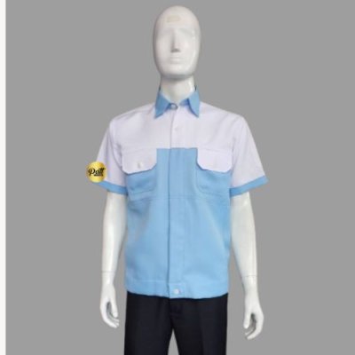เสื้อช็อป แขนสั้น สีฟ้าต่อบ่าสีขาว
