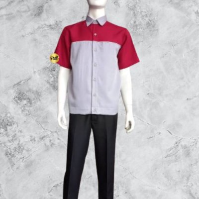 เสื้อช็อป แขนสั้น สีเทาต่อบ่าสีแดง