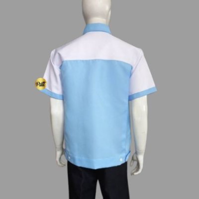 เสื้อช็อป แขนสั้น สีฟ้าต่อบ่าสีขาว