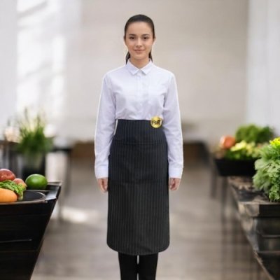 ผ้ากันเปื้อนครึ่งตัวยาว สีดำ ลายริ้วขาว