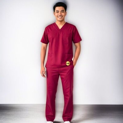 ชุดสครับ สีแดงเลือดหมู ผ้าโทเร 210 เส้น