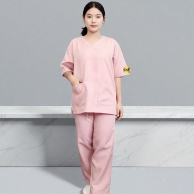 ชุดสครับ คอวีเกย สีชมพูกลีบบัว ผ้าโซล่อน